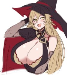 Rule 34 | 1girl, blonde hair, blush, breasts, cleavage, eyebrows, fang, female focus, gloves, hand on own head, huge breasts, hz (666v), long hair, nijisanji, nui sociere, off shoulder, open clothes, open mouth, revealing clothes, scratching head, simple background, skin fang, smile, solo, triangle mouth, virtual youtuber, white background, witch, yellow eyes