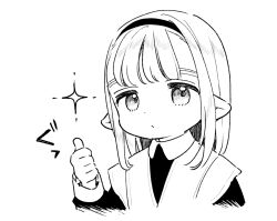 1girl center-flap_bangs commentary_request cropped_torso dot_nose expressionless greyscale hairband kari_(kakko_k) medium_hair monochrome original pointy_ears simple_background solo sparkle thumbs_up upper_body