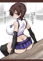 Rule 34 | 10s, 1girl, 2014, ass, black gloves, black thighhighs, blush, breasts, brown eyes, brown hair, covered erect nipples, dated, elbow gloves, fingerless gloves, gloves, jema, kaga (kancolle), kantai collection, large breasts, letterboxed, looking back, short hair, side ponytail, skirt, solo, thighhighs, translated