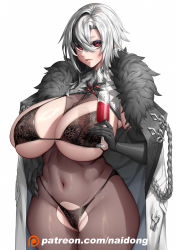 Rule 34 | 1girl, alcohol, arlecchino (genshin impact), bare shoulders, black bra, black gloves, black hair, black panties, bodystocking, bra, breast cutout, breasts, champagne flute, coat, coat on shoulders, covered navel, cowboy shot, crotch cutout, cup, drinking glass, elbow gloves, fur collar, genshin impact, gloves, hand on own hip, highres, holding, holding cup, huge breasts, lingerie, lips, multicolored hair, naidong (artist), panties, patreon username, short hair, solo, streaked hair, symbol-shaped pupils, thick thighs, thighs, underwear, white background, white hair, wide hips, x-shaped pupils