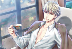 Rule 34 | 1boy, blonde hair, chair, cup, day, hand up, indoors, jacket, kujo souma, looking at viewer, male focus, rain, shirt, sitting, solo, stand my heroes, tea, teacup, tomori tenko, unbuttoned, unbuttoned shirt, white shirt, window