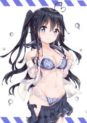 Rule 34 | 1girl, absurdres, ahoge, antenna hair, bad id, bad pixiv id, bikini, bikini under clothes, black hair, black skirt, blouse, blue bikini, blue eyes, blurry, breasts, cleavage, closed mouth, clothes pull, cowboy shot, depth of field, double horizontal stripe, frilled bikini, frills, front-tie bikini top, front-tie top, fuyuki030, heart, heart ahoge, highres, long hair, looking at viewer, medium breasts, miniskirt, open clothes, open shirt, open skirt, original, plaid, plaid bikini, pleated skirt, school uniform, serafuku, shirt, short sleeves, skirt, skirt pull, smile, solo, standing, swimsuit, swimsuit under clothes, two side up, undressing, water drop, wet, wet clothes, white shirt