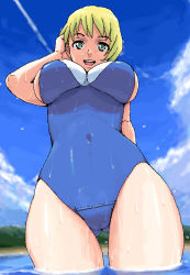 Rule 34 | 00s, 1girl, adjusting hair, beach, blonde hair, blue one-piece swimsuit, breasts, cameltoe, cloud, day, erstin ho, from below, garderobe swimsuit, green eyes, huge breasts, large breasts, my-otome, nigou, ocean, one-piece swimsuit, outdoors, school swimsuit, sky, solo, swimsuit, water, wet