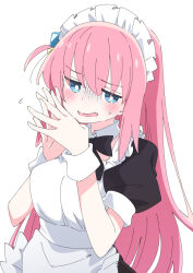 Rule 34 | 1girl, alternate costume, black bow, black bowtie, blue eyes, blush, bocchi the rock!, bow, bowtie, bright pupils, commentary, cube hair ornament, enmaided, gotoh hitori, hair ornament, ixy, long hair, looking at viewer, maid, maid headdress, making-of available, open mouth, pink hair, puffy short sleeves, puffy sleeves, revision, short sleeves, simple background, solo, white background, white pupils