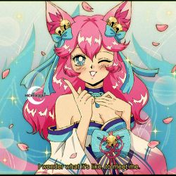 Rule 34 | 1girl, ahri (league of legends), animal ears, bell, bow, breasts, cleavage, english text, fox ears, fox tail, green bow, grin, hair bell, hair bow, hair ornament, hands up, index finger raised, japanese clothes, kimono, large breasts, league of legends, long hair, mcmugget, one eye closed, petals, shiny skin, smile, solo, spirit blossom ahri, subtitled, tail, teeth