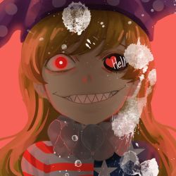 Rule 34 | 1girl, american flag dress, american flag shirt, amino (tn7135), bad id, bad pixiv id, blonde hair, clownpiece, crazy eyes, crazy smile, english text, grin, hat, heart, heterochromia, hollow eyes, jester cap, neck ruff, portrait, red background, red eyes, sharp teeth, simple background, sket, smile, solo, splatter, star (symbol), star print, striped, teeth, text focus, touhou