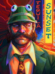 Rule 34 | 1boy, artist name, brown hair, closed mouth, disco elysium, facial hair, formal, googly eyes, green headwear, green suit, grungesniper, harry du bois, highres, looking at viewer, male focus, mustache, mutton chops, necktie, short hair, signature, solo, straight-on, suit, upper body