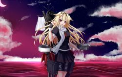 Rule 34 | 10s, 1girl, blonde hair, bow, cannon, cloud, cloudy sky, crescent moon, fingerless gloves, gloves, hair bow, hair flaps, hair ornament, hairclip, kantai collection, long hair, machinery, messy hair, moon, open mouth, personification, red eyes, scarf, school uniform, serafuku, shenqi (toid310), skirt, sky, solo, star (sky), starry sky, thigh strap, turret, wavy mouth, yuudachi (kancolle), yuudachi kai ni (kancolle)