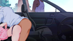 Rule 34 | 1girl, 3boys, bare legs, bent over, bottomless, car, car interior, clothed sex, clothing aside, day, engawa suguru, feet, from side, head out of frame, high heels, highres, legs, legs up, lying, motor vehicle, multiple boys, original, panties, panties aside, pink shirt, public indecency, rape, roshutsudo no takai hitchhike gal wo..., seat, sex, sex from behind, shirt, sky, standing, sweatdrop, thighs, toes, tree, underwear, vaginal, walking, wheels, window