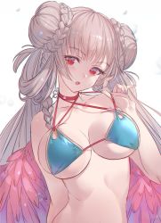 Rule 34 | 1girl, azur lane, bare arms, bare shoulders, bikini, blue bikini, blue nails, braid, braided bun, breasts, cleavage, collarbone, double bun, feathered wings, formidable (azur lane), formidable (the lady of the beach) (azur lane), hair bun, halterneck, halterneck, hand up, highres, large breasts, long hair, looking at viewer, makai no juumin, nail polish, open mouth, red eyes, silver hair, simple background, solo, stomach, strap pull, swimsuit, twintails, upper body, white background, wings