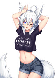 Rule 34 | 1girl, ;d, absurdres, ahoge, animal ear fluff, animal ears, arm behind head, arms up, black shirt, black shorts, blue eyes, breasts, clothes writing, commission, cowboy shot, crop top, crop top overhang, cropped shirt, crossed bangs, denim, denim shorts, fox ears, fox girl, fox tail, hair between eyes, highres, linea alba, looking at viewer, medium breasts, midriff, navel, one eye closed, open mouth, original, rifqiaji, shirt, short hair, short shorts, short sleeves, shorts, simple background, smile, solo, standing, stomach, tail, v-shaped eyebrows, white background, white hair