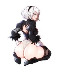 Rule 34 | 1girl, ass, back cutout, black gloves, black hairband, black thighhighs, blindfold, blushyspicy, breasts, clothing cutout, from behind, gloves, hairband, huge ass, juliet sleeves, leotard, long sleeves, looking back, medium breasts, meme, nier:automata, nier (series), outline, puffy sleeves, shiny skin, short hair, sitting, smile, solo, teeth, thick thighs, thighhighs, thighs, white hair, white outline, 2b (nier:automata), you may spank it once (meme)