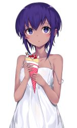 Rule 34 | 1girl, :o, alternate costume, bare shoulders, blush, dark skin, dark-skinned female, dress, fate/prototype, fate/prototype: fragments of blue and silver, fate (series), food, food on face, fruit, hair between eyes, hassan of serenity (fate), holding, holding food, ice cream, monobe tsukuri, purple eyes, purple hair, short hair, solo, spaghetti strap, strap slip, strawberry, white background, white dress