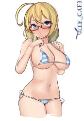 Rule 34 | 1girl, absurdres, ahoge, alternate costume, bikini, blonde hair, blue bikini, blue eyes, breasts, cowboy shot, highres, i-8 (kancolle), kantai collection, large breasts, low twintails, micro bikini, navel, one-hour drawing challenge, parted lips, red-framed eyewear, side-tie bikini bottom, simple background, solo, standing, striped bikini, striped clothes, swimsuit, tf cafe, twintails, white background