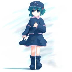 Rule 34 | 1girl, blue dress, boots, dress, female focus, flat cap, full body, green eyes, green hair, hair bobbles, hair ornament, hat, kawashiro nitori, long sleeves, lowres, matching hair/eyes, rubber boots, simple background, solo, standing, touhou, tsubasa (abchipika), two side up, white background