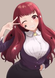 Rule 34 | 1girl, bad dobbyyyyy, blush, facial mark, fire emblem, fire emblem engage, grin, hair ornament, highres, long hair, looking at viewer, nintendo, official alternate costume, one eye closed, red eyes, red hair, shirt, smile, solo, star (symbol), star facial mark, star hair ornament, sweater, v, wavy hair, yunaka (fire emblem)