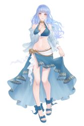 Rule 34 | 1girl, absurdres, alternate hairstyle, bare legs, bikini, blue bikini, blue bow, blue hair, blue nails, blunt bangs, bow, braid, breasts, brown eyes, closed mouth, crown braid, fire emblem, fire emblem: three houses, fire emblem heroes, floating hair, full body, hair down, highres, long hair, long sleeves, marianne von edmund, medium breasts, midriff, moja (rainpoow), nail polish, navel, nintendo, official alternate costume, sarong, simple background, smile, solo, stomach, swimsuit, toenail polish, toenails, very long hair, watermark, white background