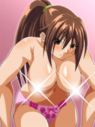 Rule 34 | 00s, 1girl, blush, breasts, brown eyes, brown hair, censored, censored nipples, convenient censoring, floral print, glowing, gradient background, hanging breasts, highres, ichigo 100 percent, inabakun00, kitaooji satsuki, large breasts, leaning forward, light smile, long hair, looking at viewer, matching hair/eyes, navel, panties, pink panties, ponytail, simple background, solo, sparkle, topless, underwear