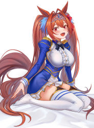 Rule 34 | 1girl, :d, absurdres, blue bow, blue bowtie, blue dress, blush, bow, bowtie, breasts, brown hair, daiwa scarlet (umamusume), dress, epaulettes, full body, hair bow, hair intakes, hair ornament, highres, kneeling, large breasts, long hair, long sleeves, looking at viewer, open mouth, red bow, red eyes, smile, solo, thighhighs, thighs, tiara, twintails, umamusume, very long hair, white background, white thighhighs, z.boat