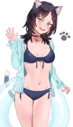 Rule 34 | 1girl, animal ear fluff, animal ears, aqua jacket, bell, bikini, black hair, blue bikini, braid, breasts, breasts apart, cat ears, cat girl, cat tail, collar, cowboy shot, fumi-chan (subachi), green eyes, groin, hair ornament, hairclip, hand up, highres, innertube, jacket, long hair, long sleeves, multicolored hair, navel, neck bell, open clothes, open jacket, open mouth, original, paw print, simple background, single braid, small breasts, smile, solo, streaked hair, subachi, swim ring, swimsuit, tail, teeth, upper teeth only, white background