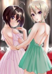 Rule 34 | 2girls, ahoge, backless dress, backless outfit, blue dress, blurry, blurry background, bracelet, brown eyes, brown hair, clothing cutout, cowboy shot, dress, from behind, ginnote, green dress, hair between eyes, hair intakes, halterneck, idolmaster, idolmaster cinderella girls, jewelry, kohinata miho, looking at viewer, looking back, multiple girls, necklace, open mouth, pink dress, shiomi syuko, short dress, short hair, shoulder blades, shoulder cutout, silver hair, sleeveless, sleeveless dress, smile, sparkle, standing
