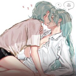 Rule 34 | 2girls, absurdres, aqua hair, bang dream!, black shorts, breasts, collared shirt, commentary request, closed eyes, from side, girl on top, hand on another&#039;s shoulder, highres, hikawa hina, hikawa sayo, incest, kiss, kneeling, korean commentary, korean text, long hair, long sleeves, multiple girls, open clothes, open shirt, shirt, short hair, short shorts, short sleeves, shorts, siblings, simple background, sisters, small breasts, speech bubble, sweat, t-shirt, translation request, twincest, twins, white background, white shirt, yuri, zihacheol