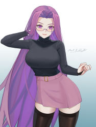 Rule 34 | 1girl, absurdres, adjusting hair, belt, black sweater, black thighhighs, breasts, cleavage, fate/grand order, fate (series), glasses, hand in own hair, highres, large breasts, long hair, long sleeves, looking at viewer, medusa (fate), medusa (rider) (fate), nizz, parted hair, pink skirt, purple eyes, purple hair, simple background, skirt, smile, solo, sweater, thighhighs, turtleneck, turtleneck sweater, very long hair, white background, zettai ryouiki