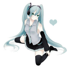 Rule 34 | 1girl, aqua hair, bad id, bad pixiv id, blue eyes, detached sleeves, from above, hatsune miku, heart, long hair, machino (nidavellir), machino koyoi, necktie, simple background, sitting, skirt, solo, thighhighs, twintails, very long hair, vocaloid