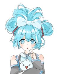 1girl aqua_eyes aqua_hair aqua_necktie bare_shoulders black_sleeves blue_bow blue_eyes bow cinnamiku cinnamoroll collared_shirt detached_sleeves finger_to_face fuwa_fuwa_cinnamoroll grey_shirt hair_between_eyes hair_bow hair_ornament hatsune_miku highres holding looking_at_viewer necktie open_mouth sanrio shirt sleeveless sleeveless_shirt solo tied_ears updo upper_body user_senf8785 vocaloid white_background