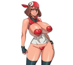 Rule 34 | 1girl, breasts, brown hair, choker, creatures (company), curvy, deep skin, game freak, heart pasties, highres, huge breasts, lips, long hair, looking at viewer, maniacpaint, may (pokemon), navel, nintendo, pasties, pokemon, pokemon rse, sagging breasts, simple background, solo, thick thighs, thighs, white background, wide hips