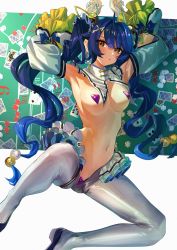 Rule 34 | 1girl, ahoge, amamiya kokoro, armpits, arms up, bell, blue footwear, blue hair, blue nails, blush, breasts, cameltoe, card, covered erect nipples, detached collar, detached sleeves, flower knot, frilled sleeves, frills, full body, hair bell, hair between eyes, hair bobbles, hair ornament, heart pasties, highres, large breasts, long hair, looking at viewer, maebari, meme attire, nail polish, navel, nijisanji, parted lips, pasties, playing card, poker chip, reverse bunnysuit, reverse outfit, shoes, solo, spread legs, stomach, tareme, tassel, thighhighs, twintails, urokong, virtual youtuber, wavy hair, white thighhighs, wide sleeves, x hair ornament, yellow eyes