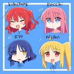 Rule 34 | 4girls, :d, :|, ahoge, asymmetrical hair, blonde hair, blue background, blue eyes, blue hair, blunt tresses, blush stickers, bocchi the rock!, character name, chibi, closed mouth, cropped shoulders, dark blue hair, excited, expressionless, facing viewer, furrowed brow, gotoh hitori, hair between eyes, hair ornament, high collar, highres, ijichi nijika, jitome, kerorira, kita ikuyo, long hair, looking at viewer, mole, mole under eye, multiple girls, neck ribbon, no nose, no pupils, notice lines, one side up, open mouth, pink hair, portrait, red eyes, red hair, ribbon, short hair, side ponytail, simple background, smile, turtleneck, v-shaped eyebrows, wing collar, yamada ryo, yellow eyes