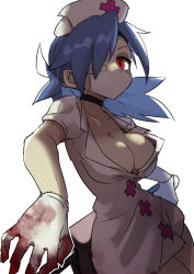 Rule 34 | + +, 1girl, absurdres, blood, blood splatter, blue hair, breasts, choker, cleavage, collarbone, gazacy (dai), gloves, hat, highres, large breasts, latex, latex gloves, looking at viewer, mask, mouth mask, nurse cap, ponytail, red eyes, skullgirls, solo, surgical mask, valentine (skullgirls), white background