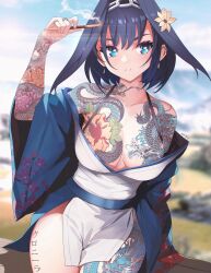 Rule 34 | 1girl, alternate costume, arm up, blue hair, breasts, chain headband, cleavage, commentary, dragon, dragon tattoo, dress, eastern dragon, english commentary, floral print, flower, hair between eyes, hair flower, hair intakes, hair ornament, highres, holding, hololive, hololive english, large breasts, looking to the side, ouro kronii, outdoors, parted lips, short hair, sk jynx, sky, solo, standing, tattoo, upper body, virtual youtuber, yakuza
