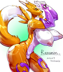 Rule 34 | 1girl, artist request, blue eyes, breasts, digimon, digimon (creature), female focus, fingerless gloves, furry, furry female, gloves, gradient background, nipples, nude, renamon, solo, white background