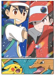 Rule 34 | 2boys, ash ketchum, backpack, bag, black hair, blue vest, brown eyes, charizard, closed mouth, coat, commentary request, creatures (company), emphasis lines, game freak, gen 1 pokemon, green bag, grin, hat, hirako, male focus, multiple boys, nintendo, pikachu, pokemon, pokemon (anime), pokemon (creature), pokemon journeys, pokemon masters ex, red (pokemon), red (sygna suit) (pokemon), red coat, red headwear, shirt, short hair, short sleeves, sleeveless, sleeveless coat, smile, t-shirt, teeth, vest, white shirt