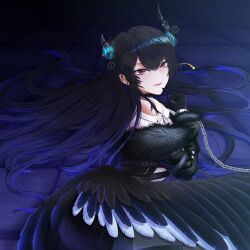 Rule 34 | 1girl, absurdres, asymmetrical horns, bare shoulders, black dress, black gloves, black hair, blue hair, chain, clothing cutout, colored inner hair, commentary, demon horns, dress, feathered wings, fur trim, gloves, highres, hololive, hololive english, horns, long hair, multicolored hair, nerissa ravencroft, nerissa ravencroft (1st costume), purple eyes, shirt, shoulder cutout, smile, solo, thedestinies, two-tone hair, uneven horns, virtual youtuber, white shirt, wings