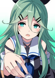 Rule 34 | 1girl, black ribbon, black serafuku, black skirt, blue neckerchief, blush, commentary request, detached sleeves, green background, green eyes, green hair, hair between eyes, hair ornament, hair ribbon, hairclip, highres, kamelie, kantai collection, long hair, looking at viewer, neckerchief, one-hour drawing challenge, open mouth, ponytail, ribbon, school uniform, serafuku, skirt, smile, solo, upper body, yamakaze (kancolle)