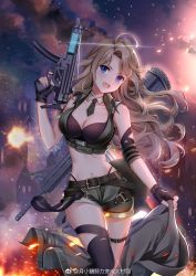 Rule 34 | 1girl, :d, ahoge, assault rifle, bare shoulders, belt, black gloves, black thighhighs, blue eyes, breasts, brown hair, cleavage, coat, unworn coat, crop top, detached collar, finger on trigger, fingerless gloves, glint, gloves, green shorts, gun, h&amp;k mp5k, hand up, highleg, highres, holding, holding gun, holding weapon, large breasts, leg belt, long hair, looking at viewer, midriff, navel, necktie, open mouth, original, rifle, short necktie, short shorts, shorts, single thighhigh, smile, solo, sparks, stomach, submachine gun, thighhighs, v-shaped eyebrows, vest, weapon, weapon on back, wing collar, yue xiao e