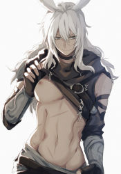Rule 34 | 1boy, absurdres, animal ears, warrior of light (ff14), bishounen, bracer, choker, clothes lift, elbow gloves, fictional persona, final fantasy, final fantasy xiv, fingerless gloves, flashing, gloves, grey hair, groin, hair between eyes, half-closed eyes, hand up, highres, huge filesize, lifted by self, long hair, looking at viewer, male focus, navel, nga (ray ray), nipples, pectorals, rabbit ears, scar, scar on chest, scar on stomach, shirt lift, smile, solo, stomach, toned, toned male, upper body, viera