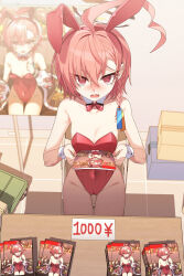 Rule 34 | 1girl, @ @, absurdres, ahoge, animal ears, blue archive, blush, bow, bowtie, braid, detached collar, fake animal ears, fang, flat chest, halo, highres, holding, holding magazine, huge ahoge, hwaen, leotard, looking at viewer, magazine (object), market stall, mole, mole under each eye, mole under eye, multiple moles, neru (blue archive), neru (bunny) (blue archive), official alternate costume, open mouth, orange hair, playboy bunny, rabbit ears, red bow, red bowtie, red eyes, red leotard, single braid, skin fang, solo, strapless, strapless leotard, tag, traditional bowtie, wavy mouth, wrist cuffs