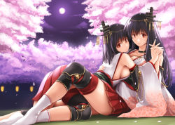 Rule 34 | 2girls, akatsuki akane, bad id, bad pixiv id, bare shoulders, black hair, breasts, cherry blossoms, detached sleeves, floral print, fusou (kancolle), hair ornament, holding hands, japanese clothes, kantai collection, large breasts, long hair, looking at viewer, medium breasts, moon, multiple girls, night, night sky, nontraditional miko, outdoors, pleated skirt, red eyes, red skirt, short hair, sideboob, skirt, sky, smile, wide sleeves, yamashiro (kancolle)