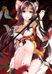 Rule 34 | 1girl, :d, ara haan, ara haan (celestial fox), bad id, bad pixiv id, black hair, bow, breasts, cleavage, elsword, hair bow, hamericano, heterochromia, highres, holding, holding weapon, long hair, medium breasts, open mouth, red eyes, red ribbon, ribbon, smile, solo, very long hair, weapon, white bow, yellow eyes