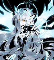 Rule 34 | 1girl, armor, armored dress, artist request, black background, black bodysuit, blue hair, blue halo, bodysuit, code: sariel (elsword), elsword, energy wings, eve (elsword), gloves, hair between eyes, halo, jewelry, lightning, long hair, looking at viewer, mechanical ears, open mouth, pale skin, reaching, reaching towards viewer, robot ears, second-party source, simple background, solo, spikes, teeth, very long hair, very long sleeves, white hair, wings, yellow eyes