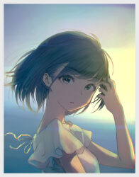Rule 34 | 1girl, adjusting hair, bare arms, black eyes, black hair, blue sky, border, breasts, chromatic aberration, commentary, dackq, dress, english commentary, frilled sleeves, frills, hand up, highres, horizon, looking at viewer, medium hair, ocean, original, outdoors, parted lips, portrait, shaded face, sky, sundress, white border, white dress, wind