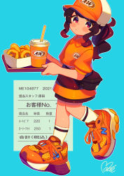 Rule 34 | 1girl, a&amp;w, absurdres, aqua background, bag, baseball cap, blush, brown hair, cup, disposable cup, drinking straw, food, full body, hat, highres, holding, holding tray, huge filesize, kneehighs, logo, long hair, moai (more e 4km), onion rings, orange footwear, orange shirt, original, ponytail, receipt, red eyes, shirt, shoes, sidelocks, signature, simple background, sneakers, socks, solo, tray, uniform, walking, white socks