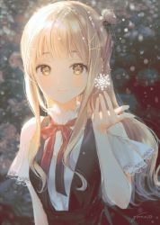 Rule 34 | 1girl, blonde hair, blurry, bow, depth of field, gomzi, hair ornament, hairclip, hand up, long hair, looking at viewer, original, signature, smile, snowflakes, solo, yellow eyes