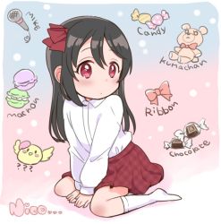 Rule 34 | 1girl, aged down, between legs, bird, black hair, blush, bow, candy, character name, chick, child, chocolate, commentary request, english text, expressionless, food, hair bow, hair down, hand between legs, izumi kirifu, long hair, long sleeves, love live!, love live! school idol project, macaron, maroon skirt, microphone, no shoes, pink bow, plaid, plaid skirt, red bow, red eyes, red skirt, shirt, shirt tucked in, sitting, skirt, socks, solo, stuffed animal, stuffed toy, teddy bear, unmoving pattern, wariza, white shirt, white socks, yazawa nico