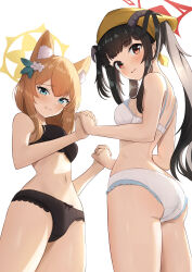Rule 34 | 2girls, absurdres, animal ear fluff, animal ears, aoto mei, ass, bare arms, bare shoulders, black bra, black hair, black horns, black panties, blue archive, blush, bow, bow panties, bra, breasts, cowboy shot, demon horns, embarrassed, flower, from below, from side, fuuka (blue archive), hair flower, hair on horn, hair ornament, halo, head scarf, highres, holding hands, horns, interlocked fingers, long hair, looking at viewer, looking down, mari (blue archive), medium breasts, multiple girls, navel, orange hair, panties, parted lips, raised eyebrows, red eyes, red halo, simple background, smile, stomach, thighs, underwear, underwear only, wavy mouth, white background, white bra, white flower, white panties, yellow halo, yellow headwear