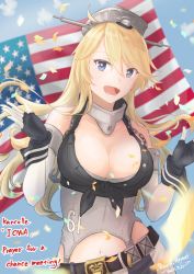 Rule 34 | 1girl, american flag, blonde hair, blue eyes, breasts, english text, fingerless gloves, front-tie top, gloves, headgear, iowa (kancolle), kamo mayor, kantai collection, large breasts, miniskirt, navel, open mouth, skirt, solo, star-shaped pupils, star (symbol), striped clothes, striped skirt, symbol-shaped pupils, upper body, vertical-striped clothes, vertical-striped skirt